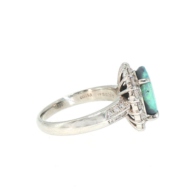Vintage Oval Black Opal and Natural Diamond Cluster Ring in Platinum