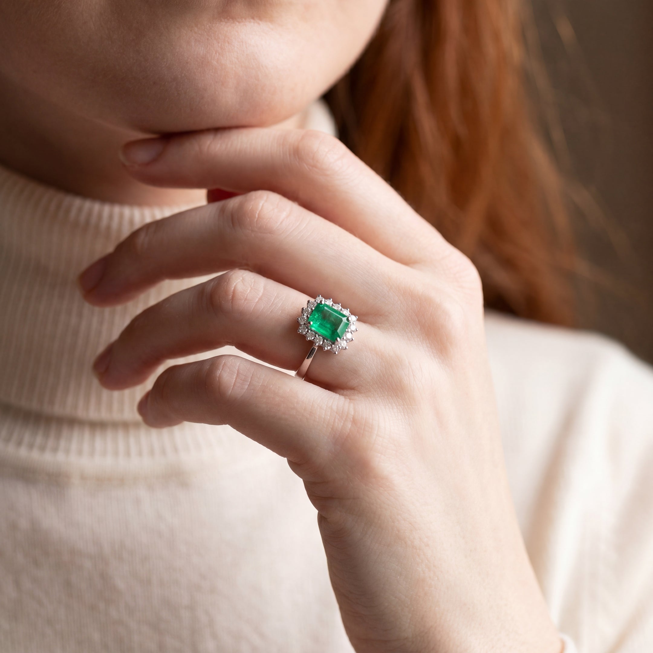 1.72ct Rectangle Emerald & 0.65ct Natural Diamond Halo Cluster Ring in 18ct White Gold