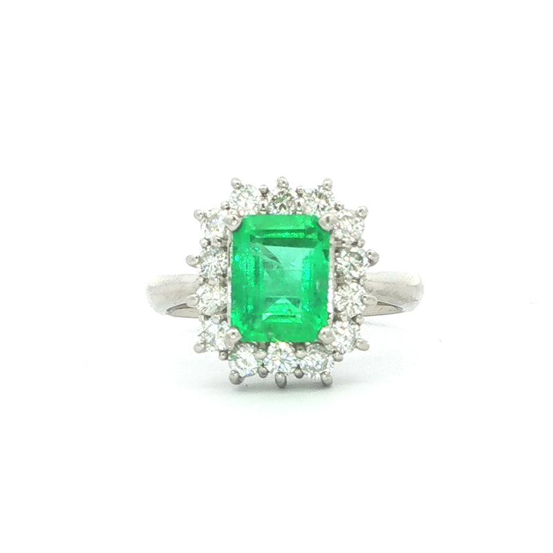 1.72ct Rectangle Emerald & 0.65ct Natural Diamond Halo Cluster Ring in 18ct White Gold