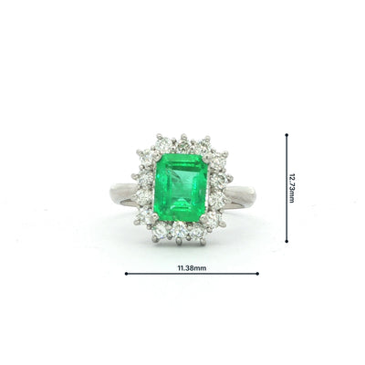 1.72ct Rectangle Emerald & 0.65ct Natural Diamond Halo Cluster Ring in 18ct White Gold