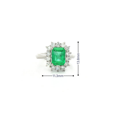 1.72ct Rectangle Emerald & 0.65ct Natural Diamond Halo Cluster Ring in 18ct White Gold