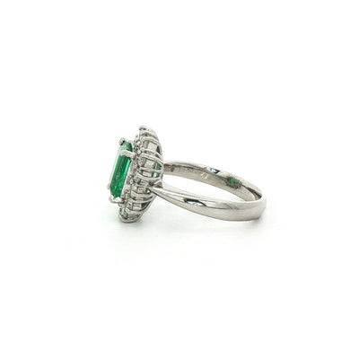 1.72ct Rectangle Emerald & 0.65ct Natural Diamond Halo Cluster Ring in 18ct White Gold