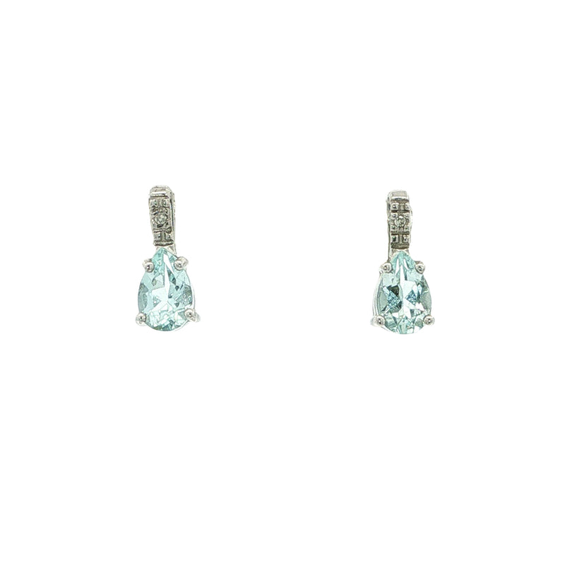 Aquamarine Pear Aqua and Natural Diamond Stud Earrings in 9ct White Gold