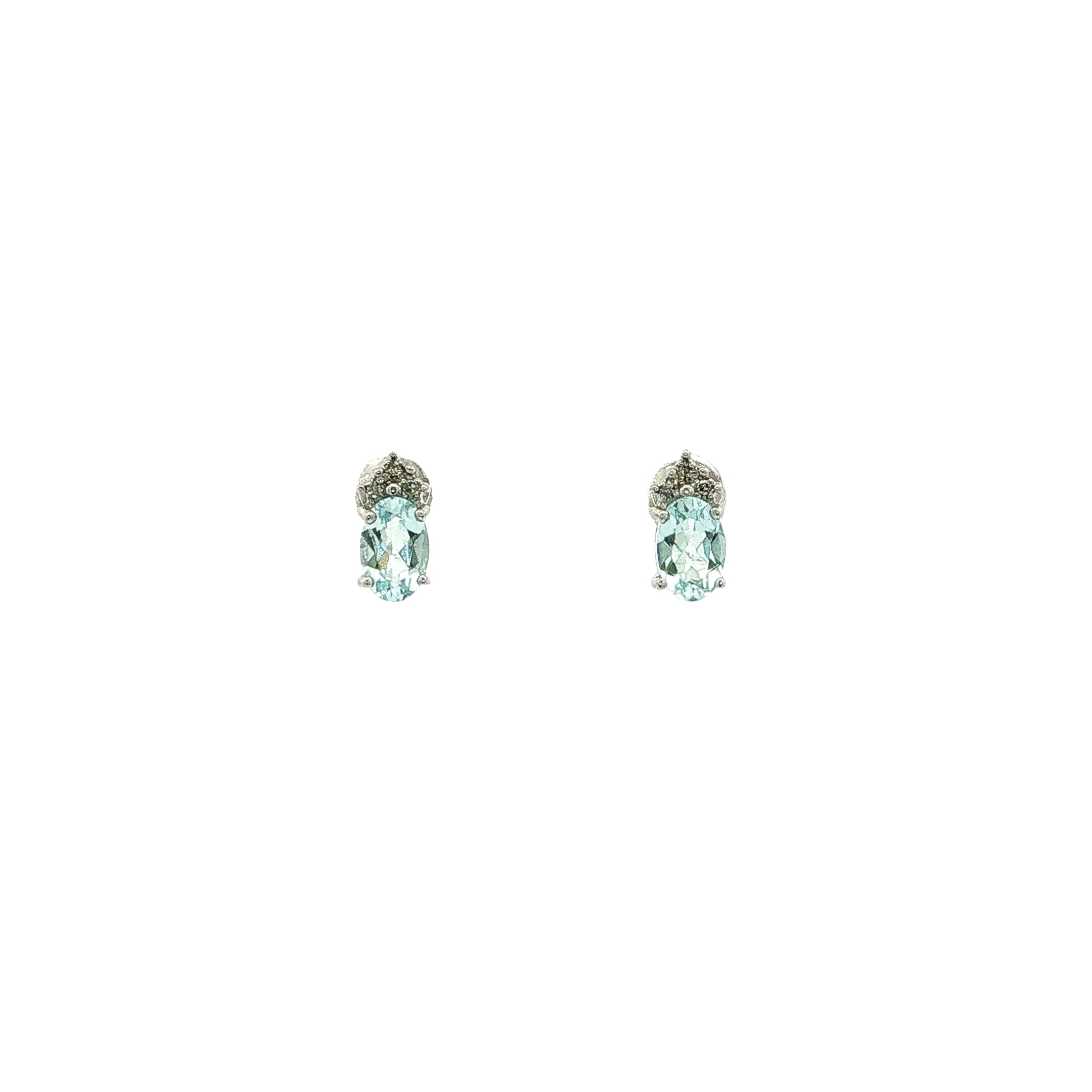 Vintage Oval Aquamarine & Natural Diamond Stud Earrings in 18ct White Gold