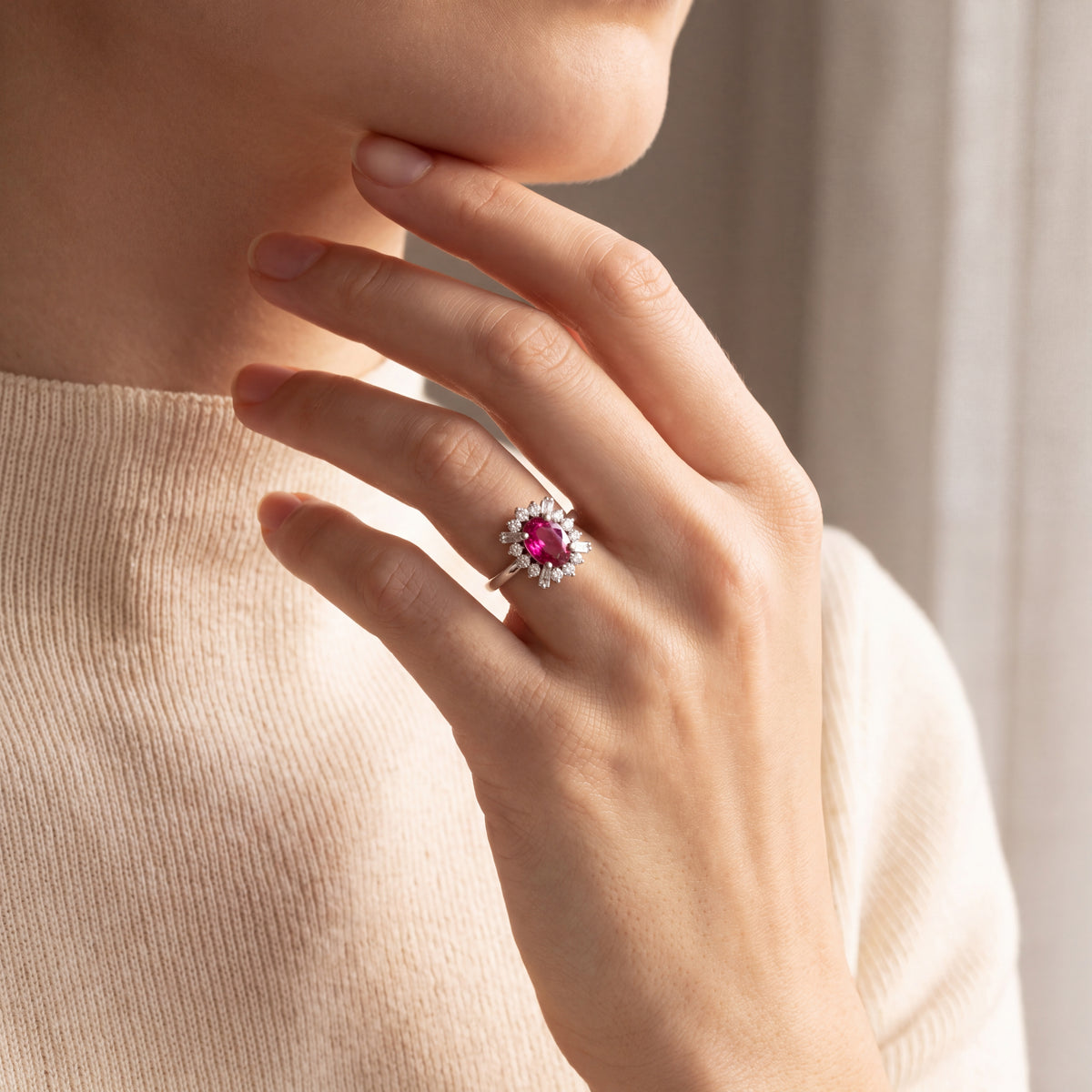1.02ct Oval Ruby & 0.37ct Natural Diamond Cluster in Platinum