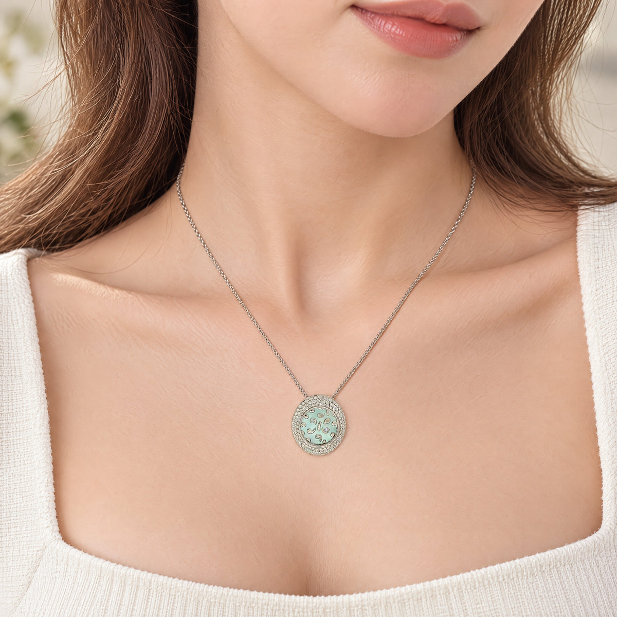 Vintage Natural Oval Mother of Pearl and Diamond Pendant Insert on chain in 18ct White Gold