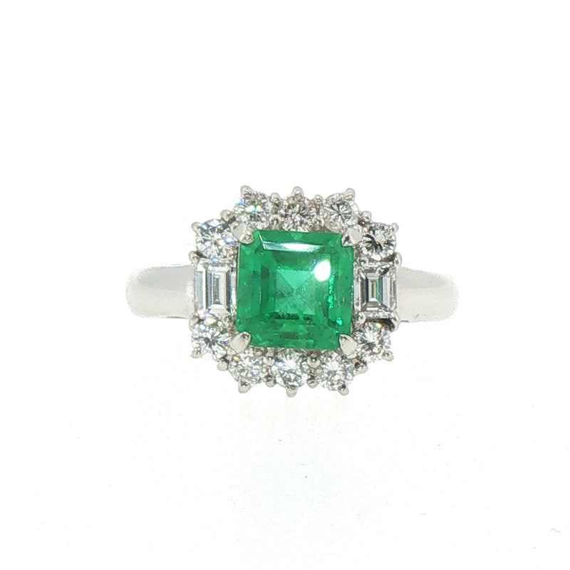 Princess Cut Natural Emerald & Diamond Cluster Ring