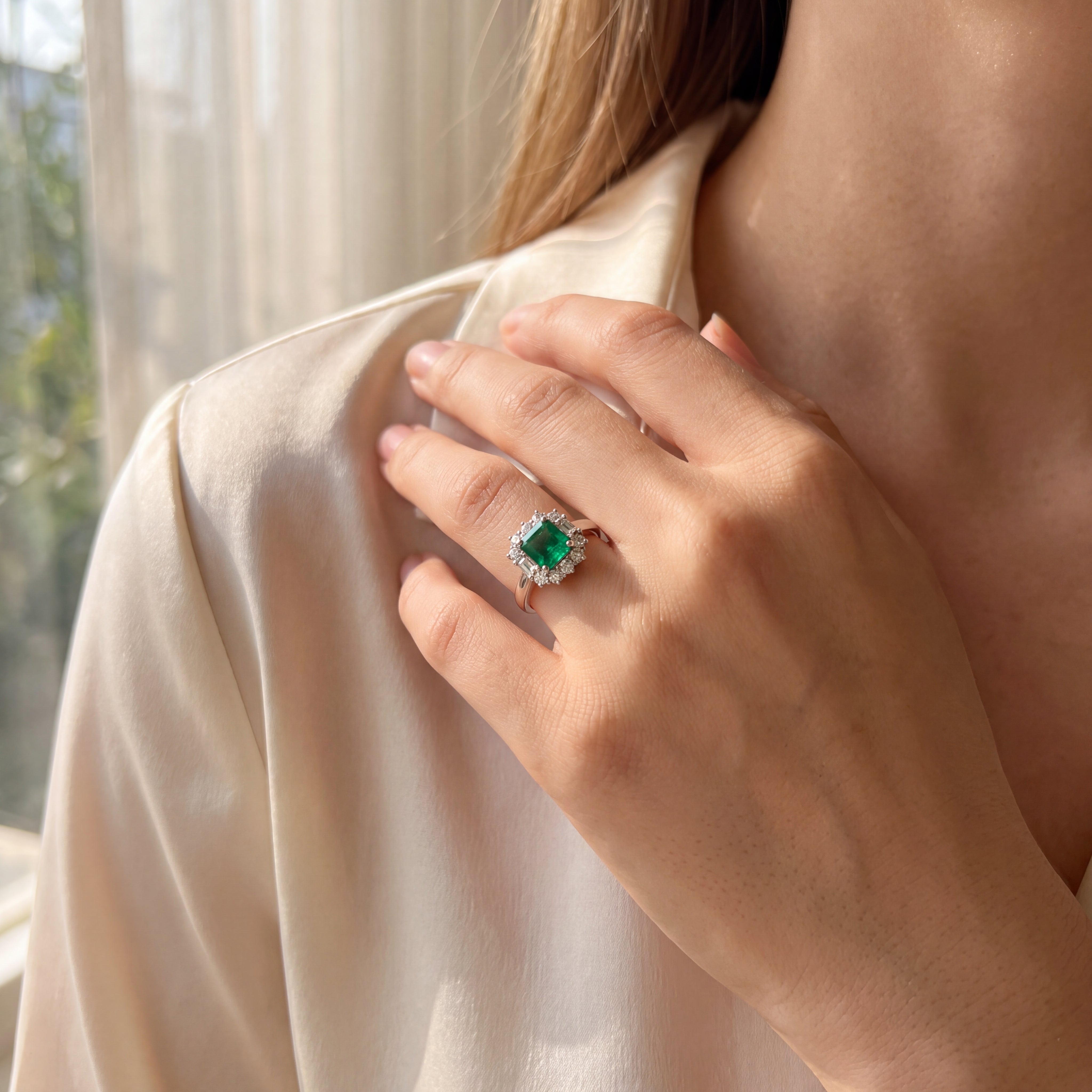 Princess Cut Natural Emerald & Diamond Cluster Ring