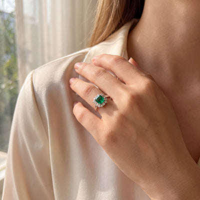 Princess Cut Natural Emerald & Diamond Cluster Ring