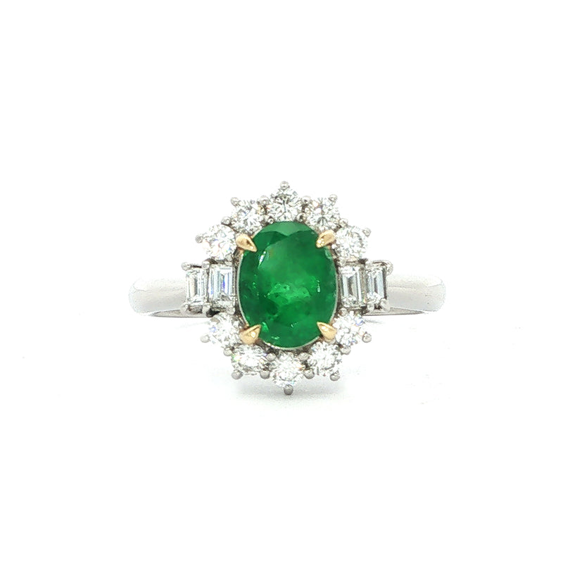 Pre-loved Platinum Oval Emerald 0.96 Cluster Natural diamond 0.55 claw set ring