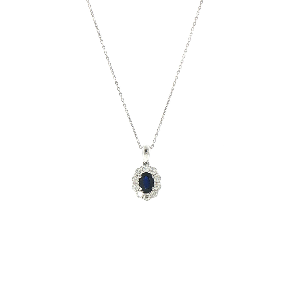 Oval Sapphire and Natural Diamond Cluster Pendant in 18ct White Gold