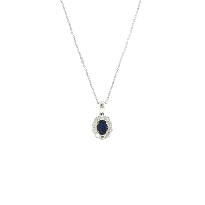 Oval Sapphire and Natural Diamond Cluster Pendant in 18ct White Gold