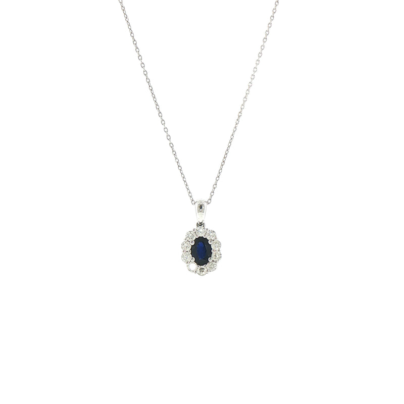 Oval Sapphire and Natural Diamond Cluster Pendant in 18ct White Gold