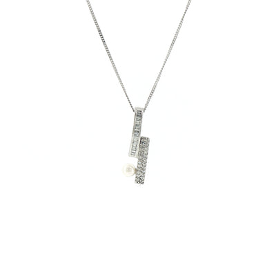 Natural Pearl and Diamond Drop Pendant on chain in 18ct White Gold