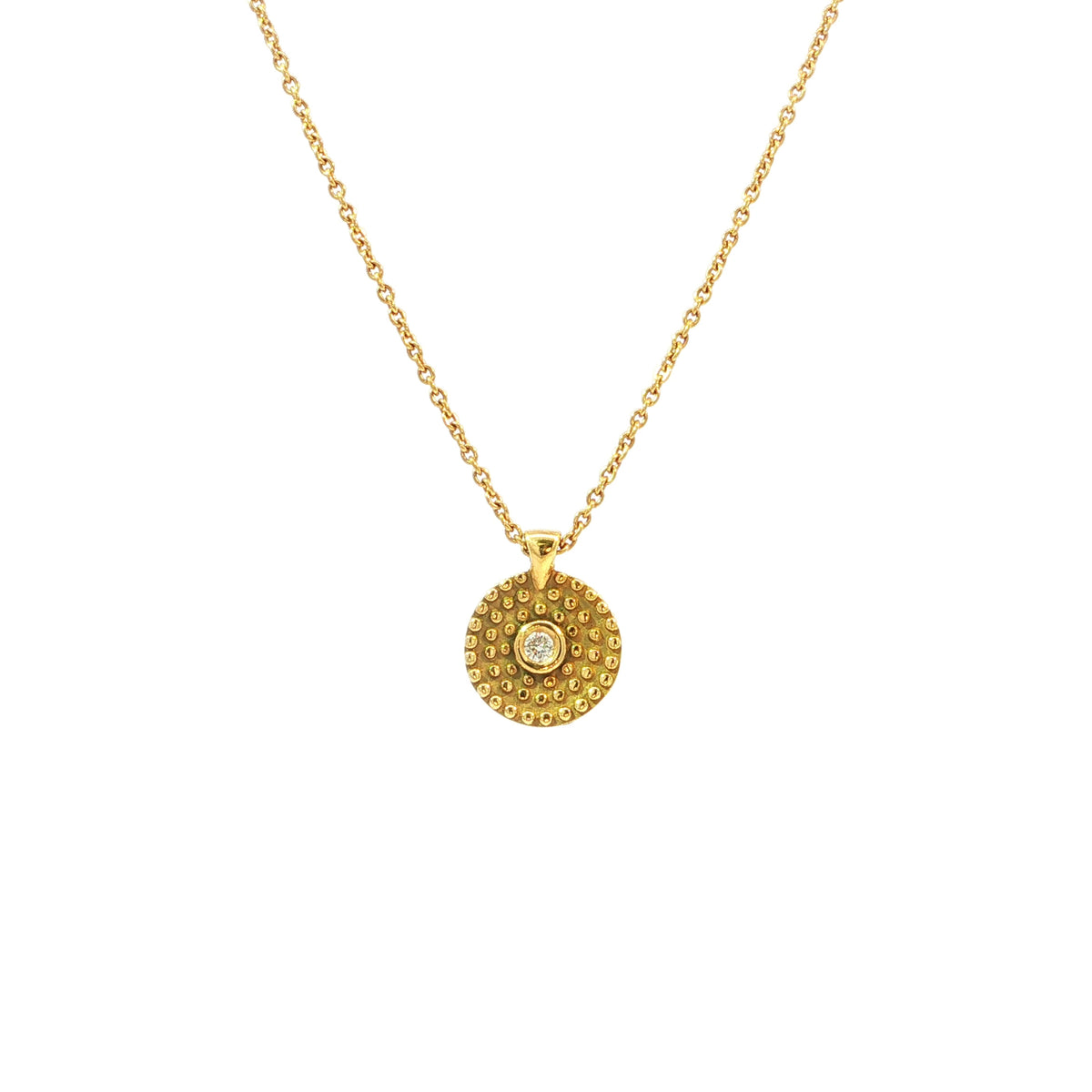 Vintage Beaded Disc Natural Diamond Pendant Necklace in 18ct Yellow Gold