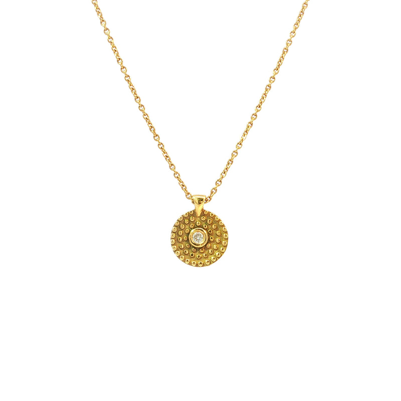 Vintage Beaded Disc Natural Diamond Pendant Necklace in 18ct Yellow Gold
