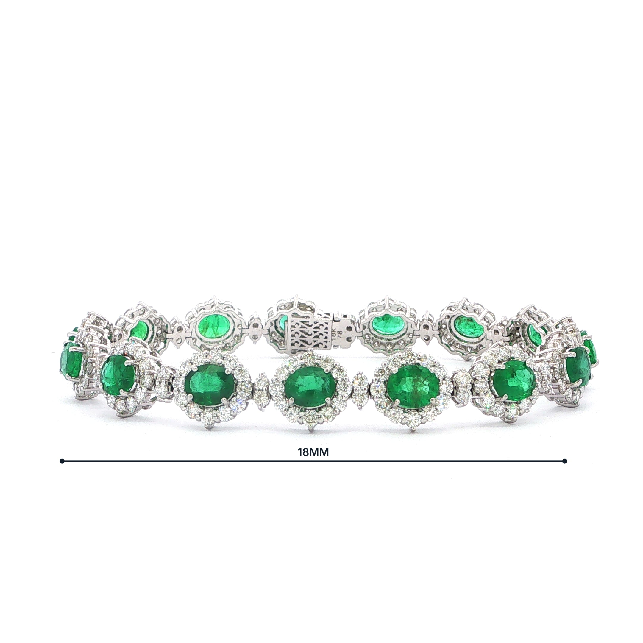 18ct White Gold Oval Emerald 8.23ct and natural Diamond 5.68ct Cluster Bracelet