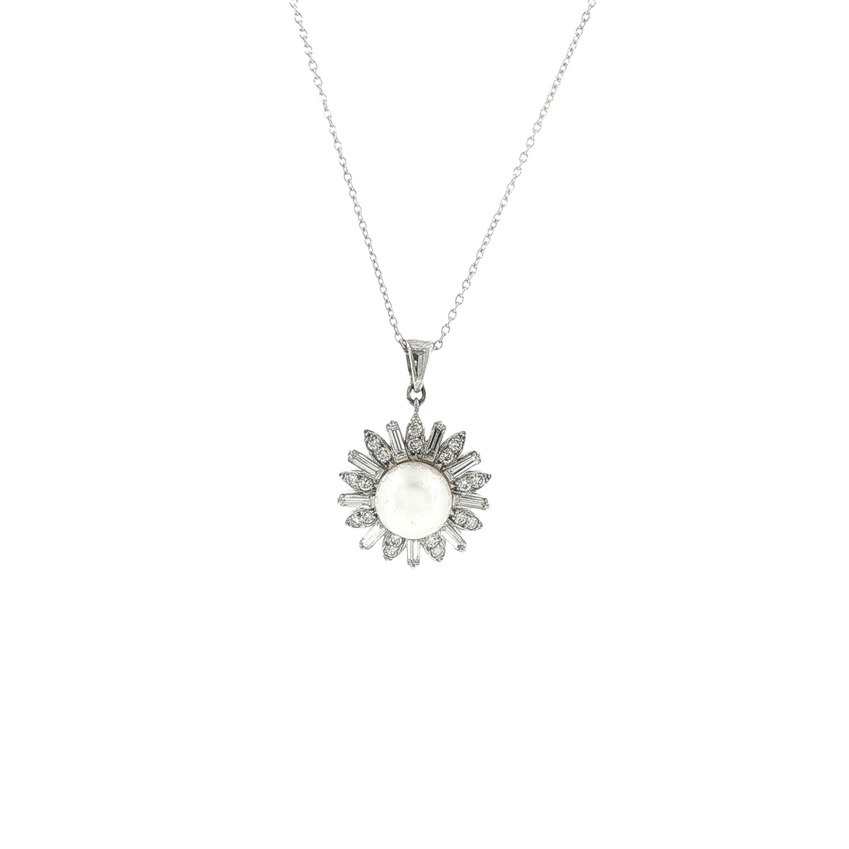 Vintage Platinum Cultured Pearl and Natural Diamond Baguette Pendant and Chain