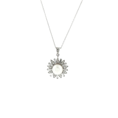 Vintage Platinum Cultured Pearl and Natural Diamond Baguette Pendant and Chain