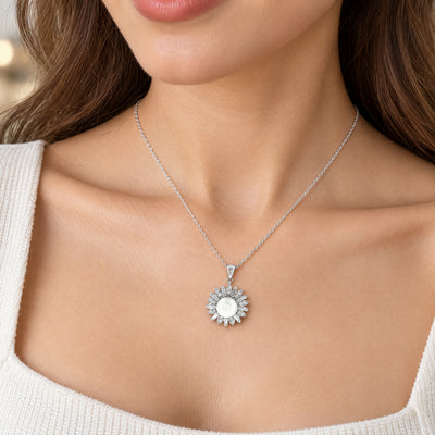 Vintage Platinum Cultured Pearl and Natural Diamond Baguette Pendant and Chain