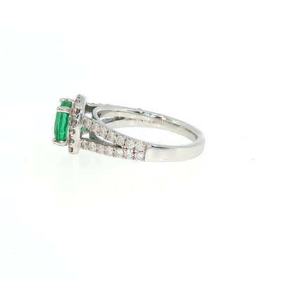 Vintage Natural Emerald and Diamond Cluster Ring with Diamond Sholder set in 18ct White Gold