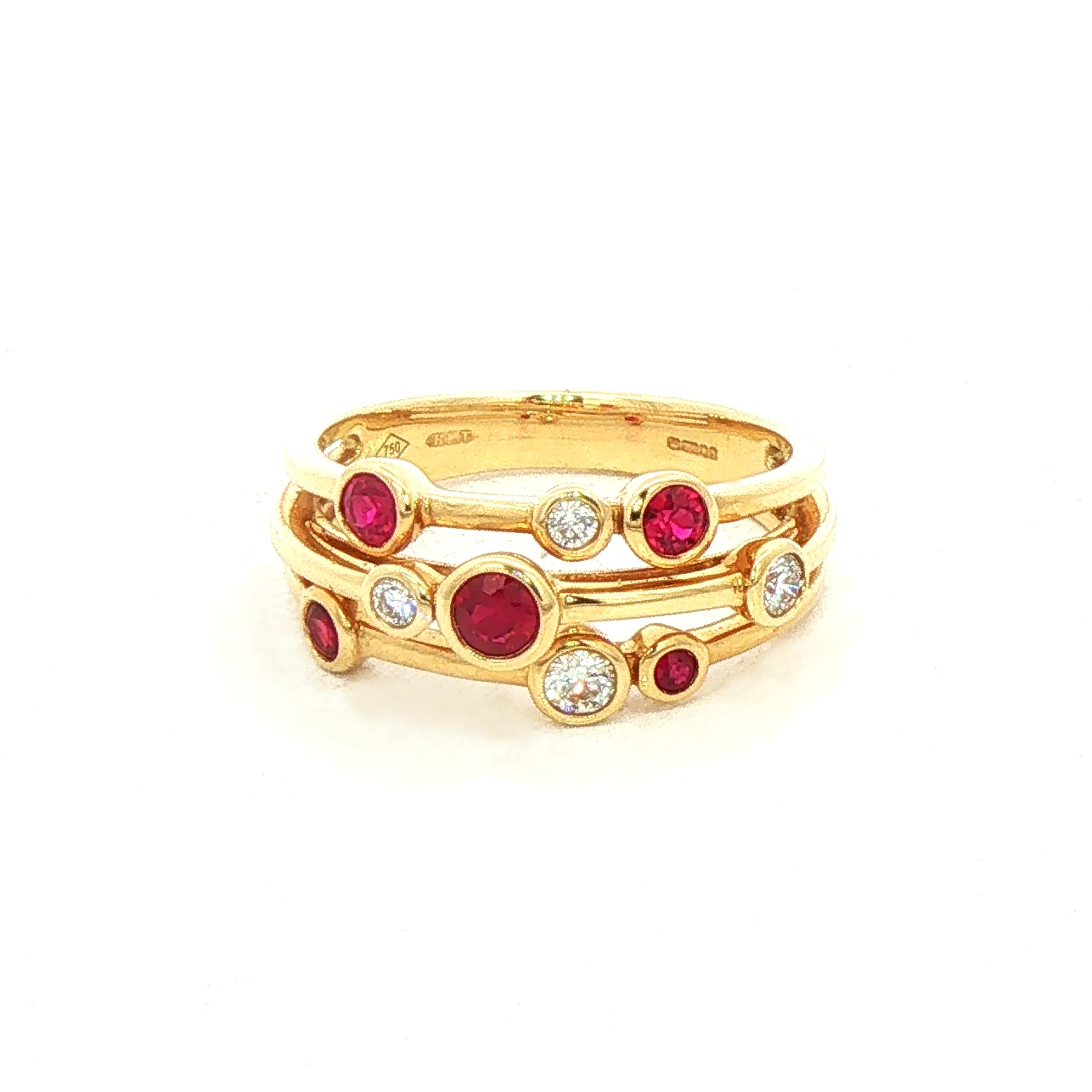 0.47ct Ruby & 0.18ct Natural Diamond '' Raindance'' Three Row Dress Ring in 18ct Yellow Gold
