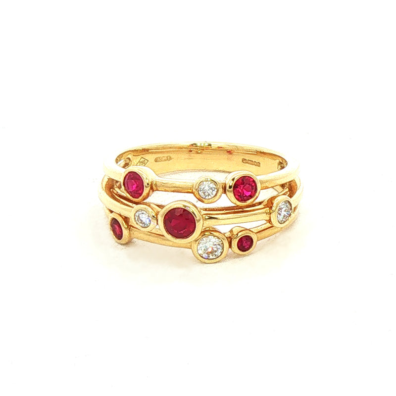 0.47ct Ruby & 0.18ct Natural Diamond '' Raindance'' Three Row Dress Ring in 18ct Yellow Gold