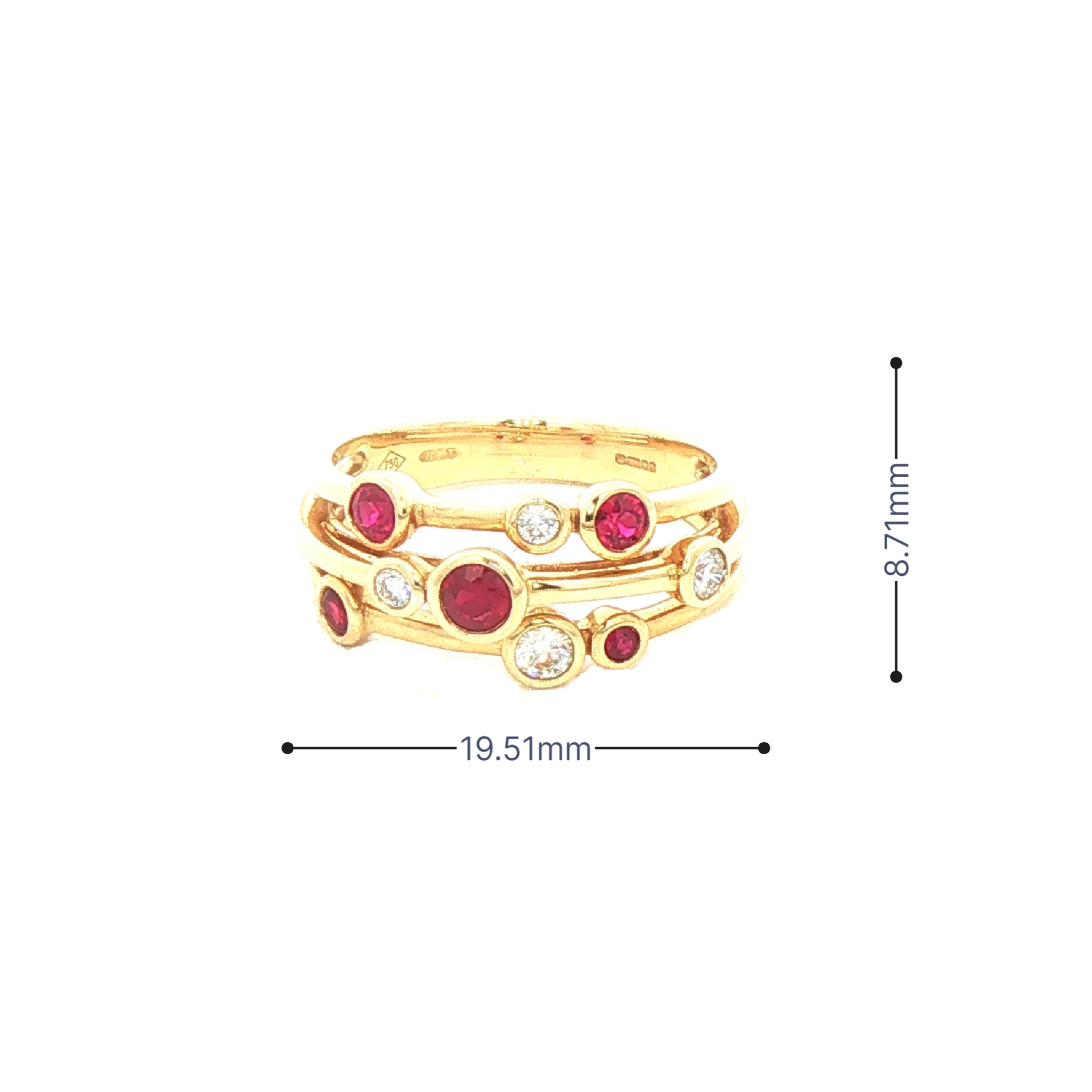 0.47ct Ruby & 0.18ct Natural Diamond '' Raindance'' Three Row Dress Ring in 18ct Yellow Gold