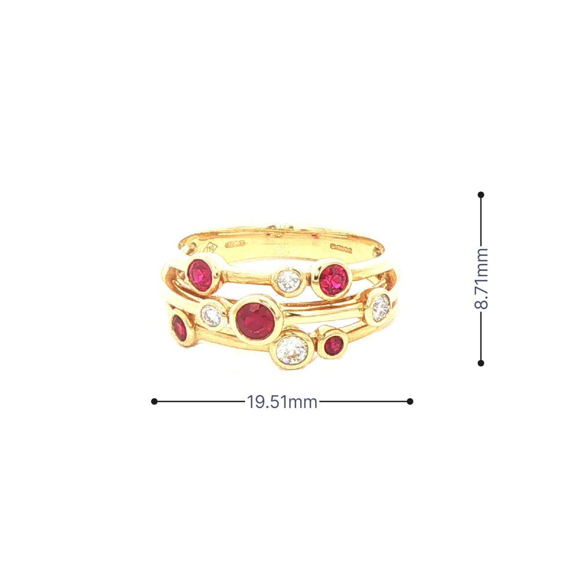 0.47ct Ruby & 0.18ct Natural Diamond '' Raindance'' Three Row Dress Ring in 18ct Yellow Gold