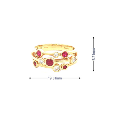 0.47ct Ruby & 0.18ct Natural Diamond '' Raindance'' Three Row Dress Ring in 18ct Yellow Gold