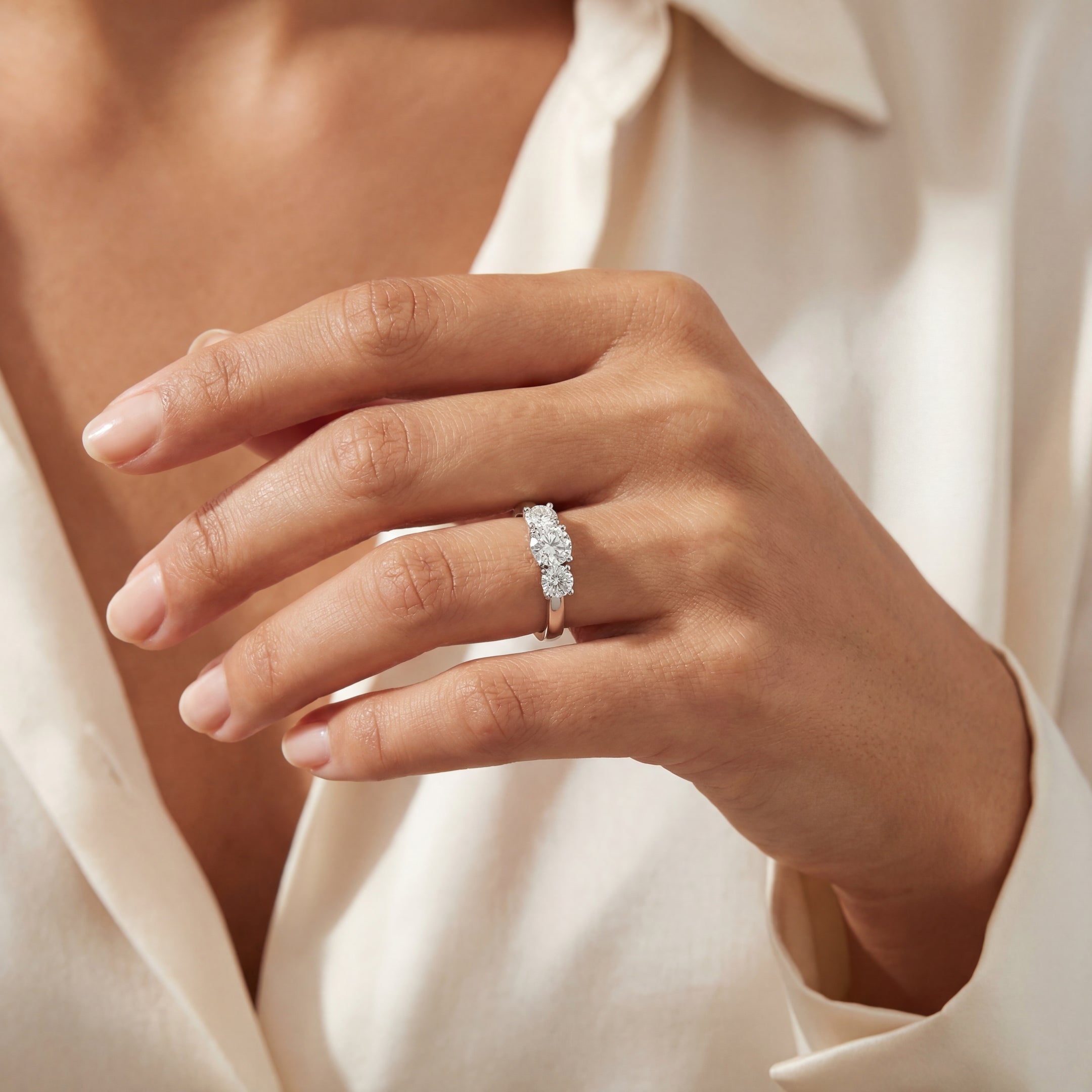 C0.40ct S0.60ct F/G vs Natural Diamond Round Cut Three Stone Ring Set In 18ct White Gold