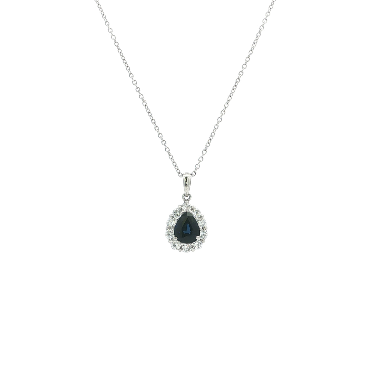Platinum Pear Sapphire and Natural Diamond Halo Pendant
