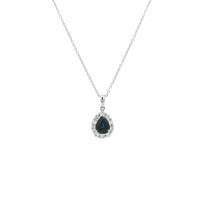 Platinum Pear Sapphire and Natural Diamond Halo Pendant