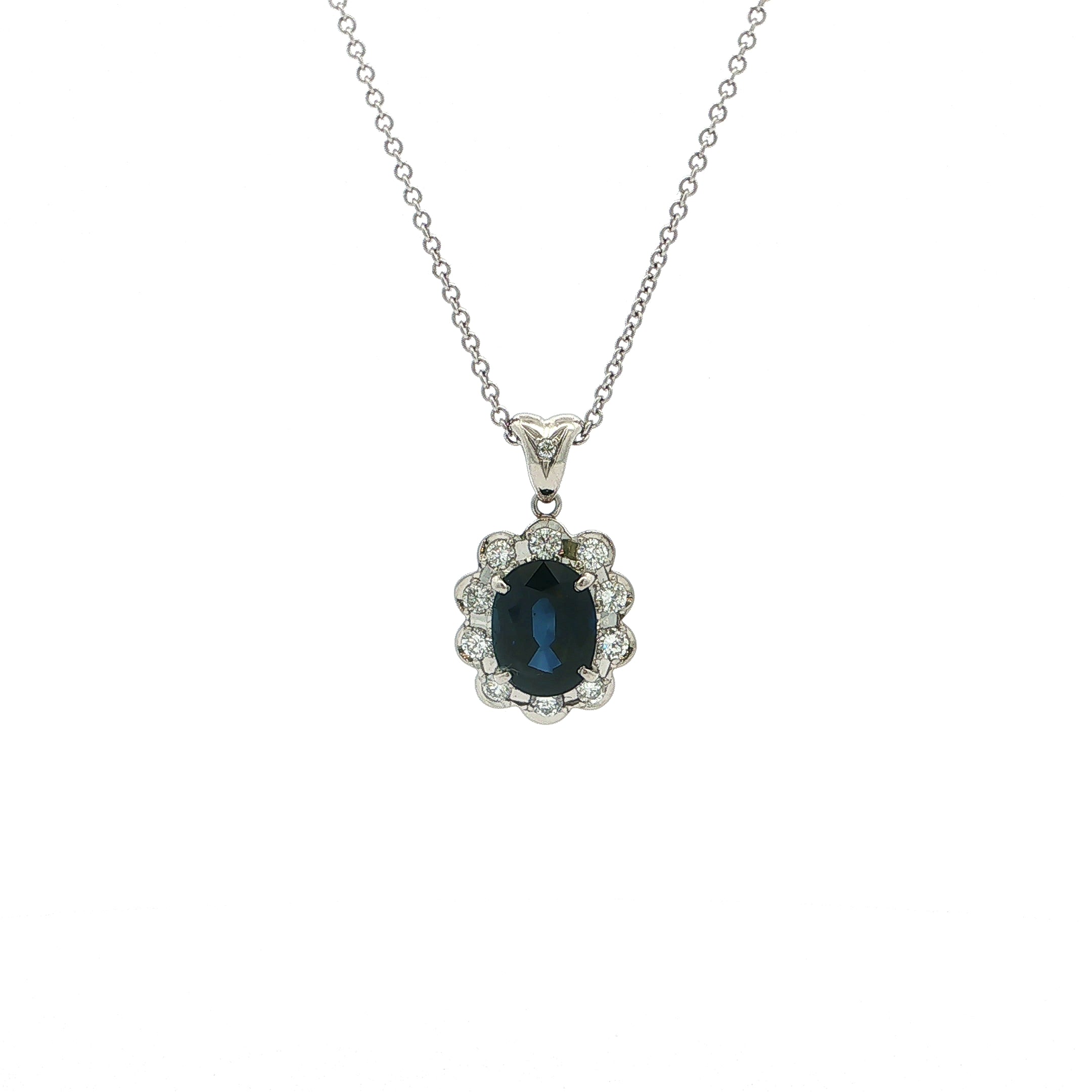 Platinum 2.55ct Royal Blue Sapphire and Natural Diamond Halo Pendant