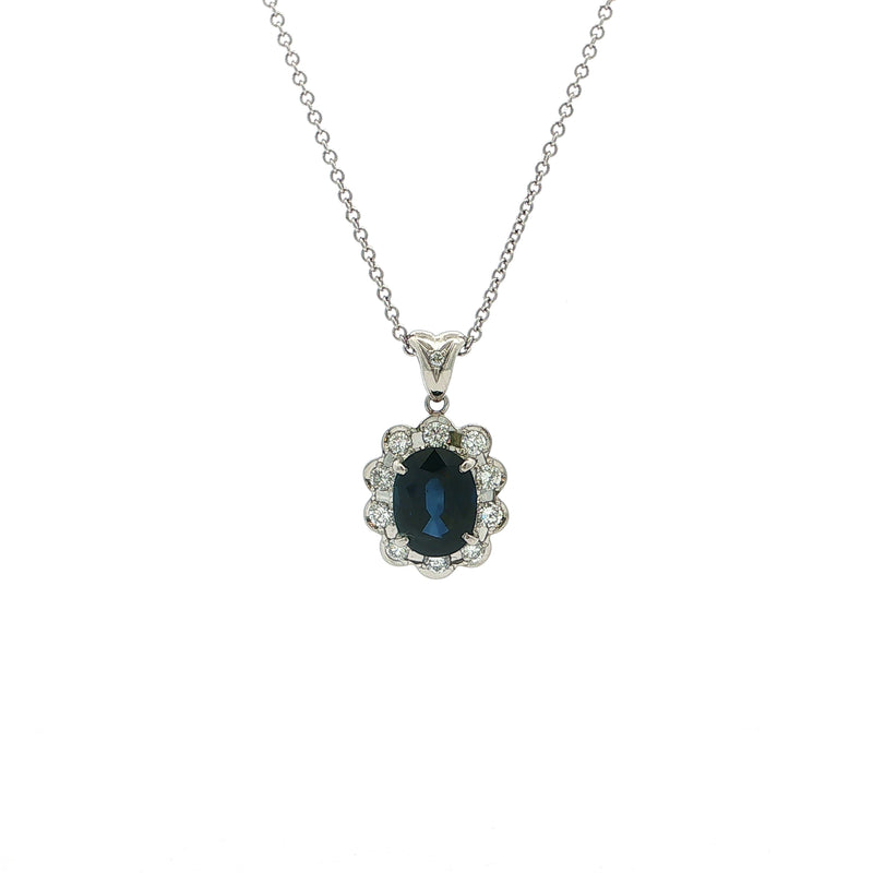 Platinum 2.55ct Royal Blue Sapphire and Natural Diamond Halo Pendant