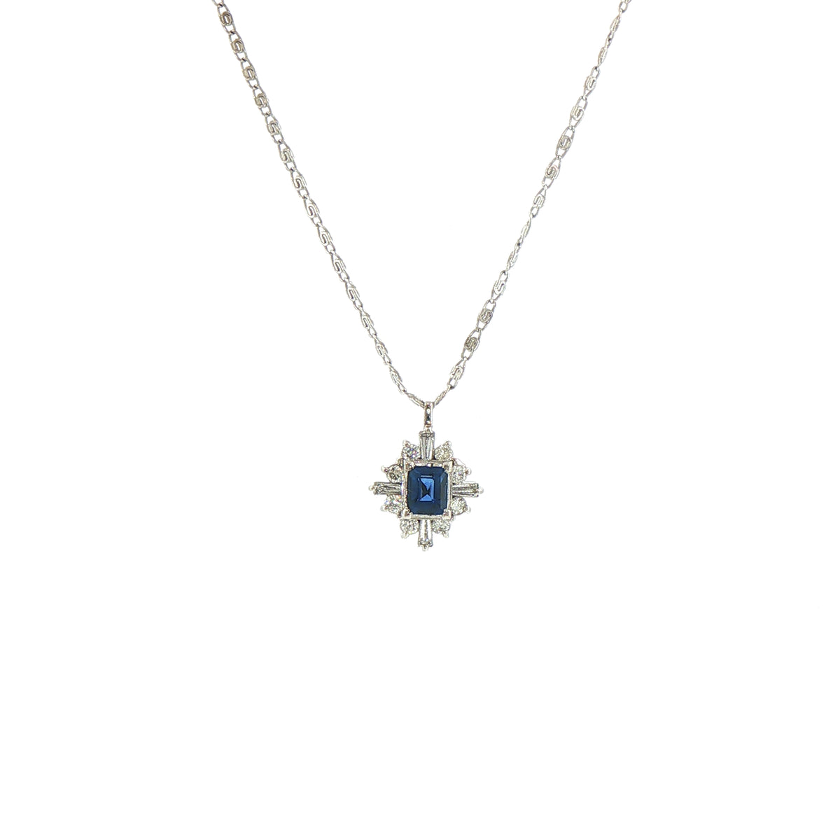 Vintage Emerald Cut Sapphire and Natural Diamond and Mixed Diamond Cluster Pendant in Platinum