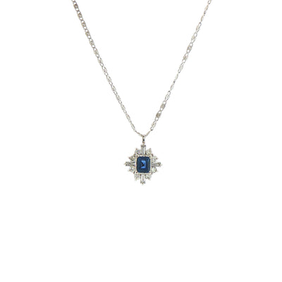 Vintage Emerald Cut Sapphire and Natural Diamond and Mixed Diamond Cluster Pendant in Platinum