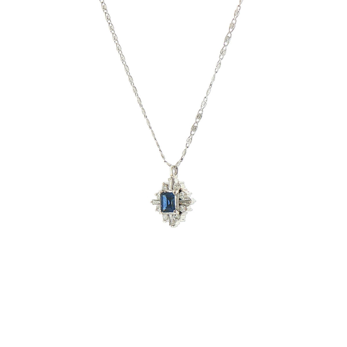 Vintage Emerald Cut Sapphire and Natural Diamond and Mixed Diamond Cluster Pendant in Platinum