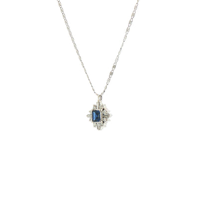 Vintage Emerald Cut Sapphire and Natural Diamond and Mixed Diamond Cluster Pendant in Platinum