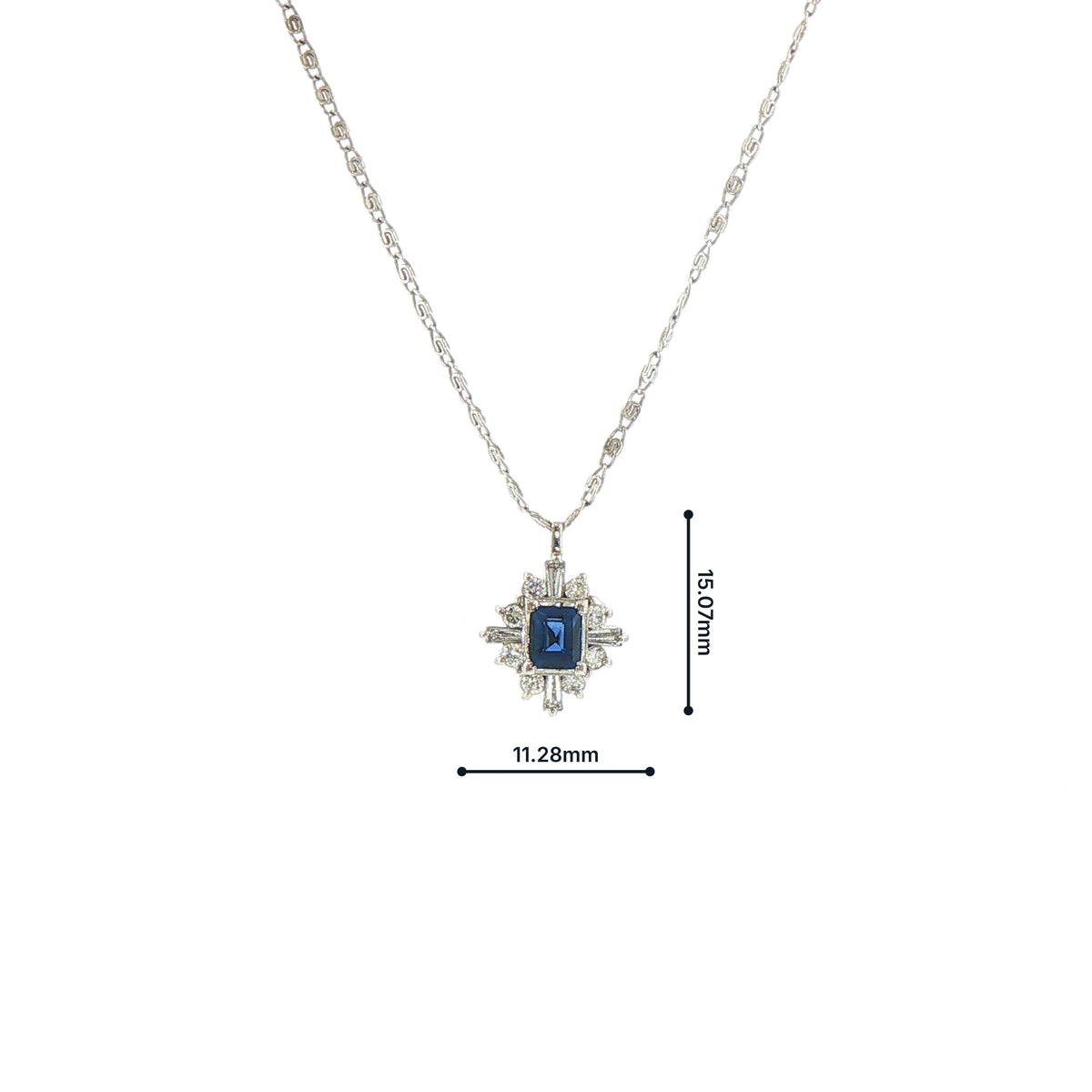 Vintage Emerald Cut Sapphire and Natural Diamond and Mixed Diamond Cluster Pendant in Platinum