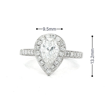 1.58ct Natural Diamond Pear Halo Solitaire in 18ct White Gold