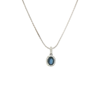 Vintage Oval Sapphire and Natural Diamond Halo Pendant 18ct White Gold