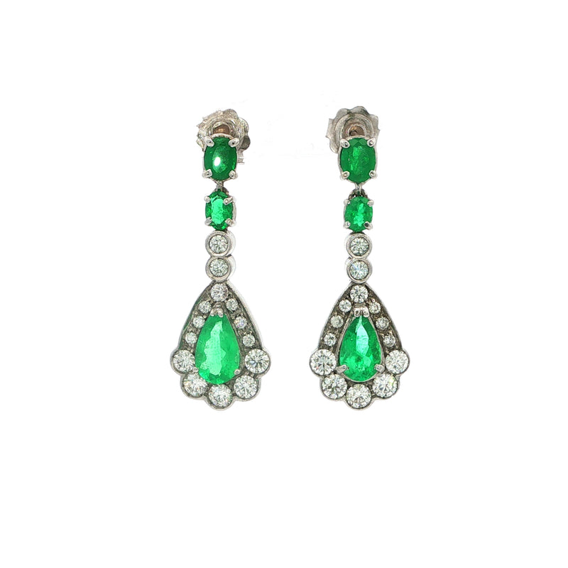 3.45ct Vintage Emerald and Natural Diamond 18ct White Gold Drop Earrings