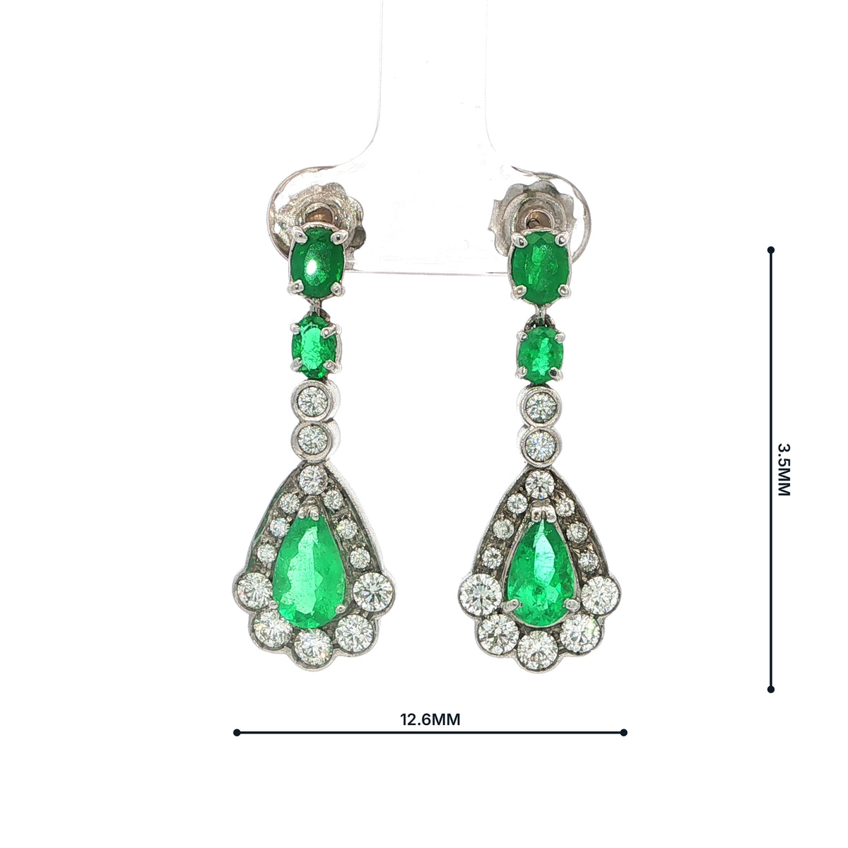 3.45ct Vintage Emerald and Natural Diamond 18ct White Gold Drop Earrings