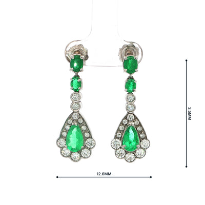 3.45ct Vintage Emerald and Natural Diamond 18ct White Gold Drop Earrings