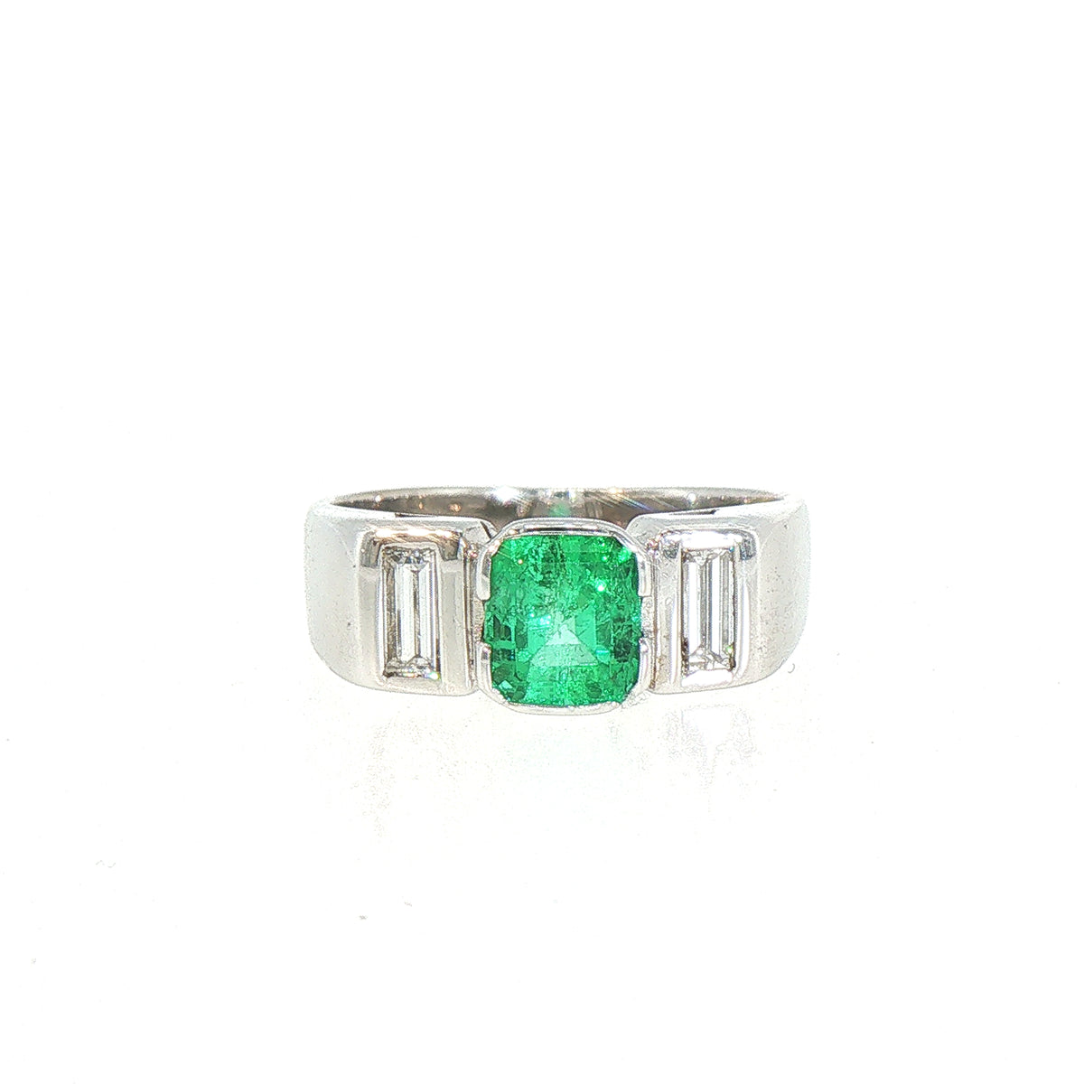 Vintage Natural Emerald and Diamond Three Stone Dress Ring in 18ct White Gold