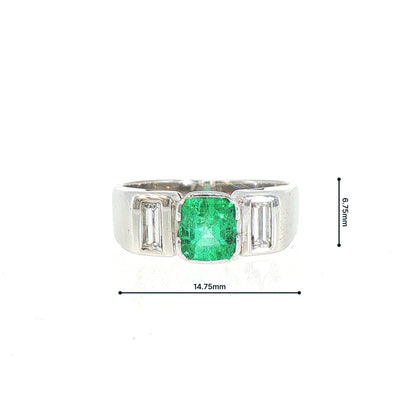 Vintage Natural Emerald and Diamond Three Stone Dress Ring in 18ct White Gold