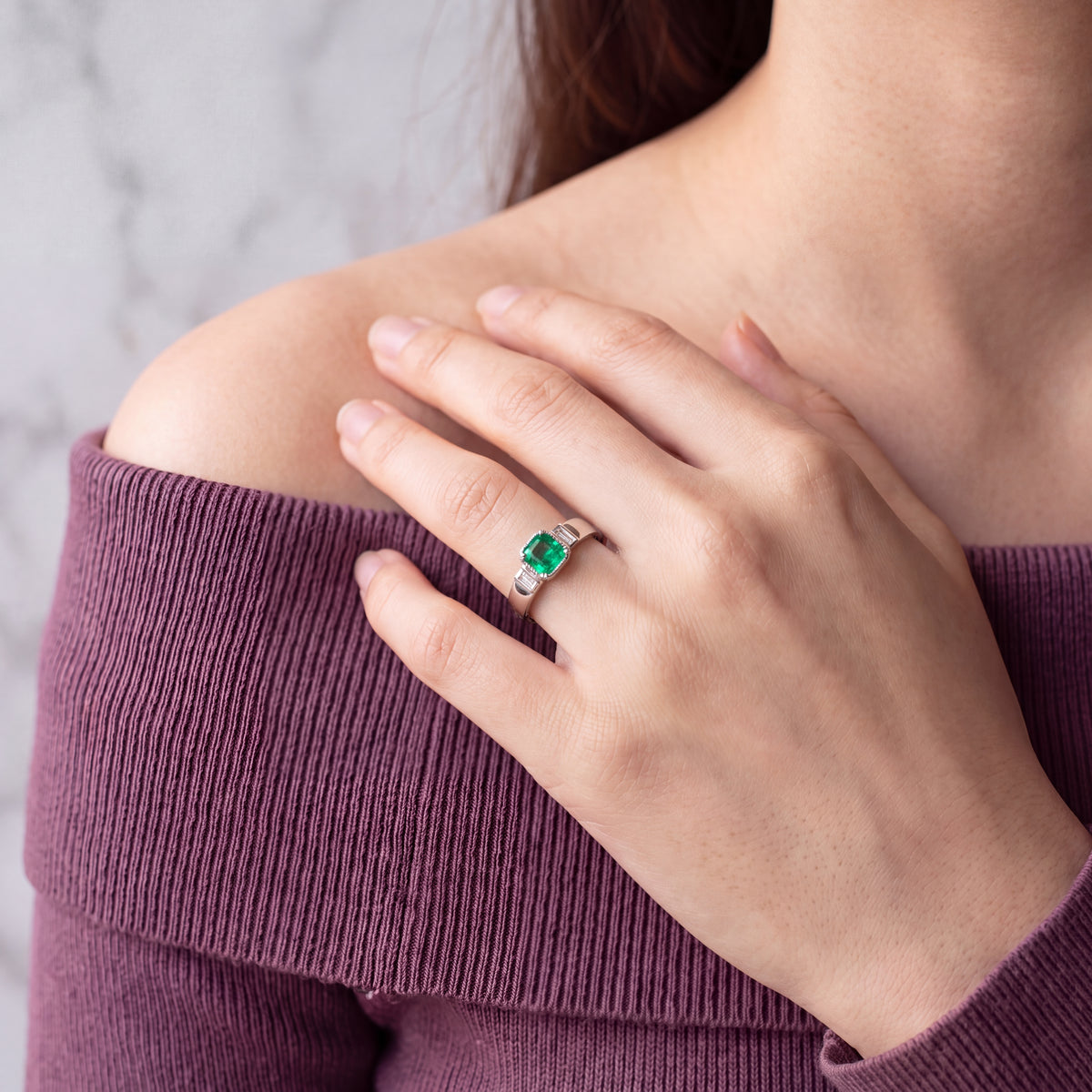 Vintage Natural Emerald and Diamond Three Stone Dress Ring in 18ct White Gold