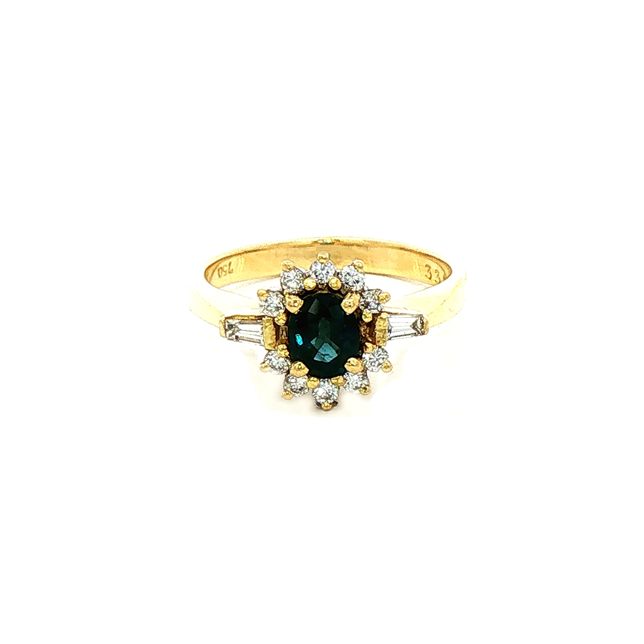 Sapphire & Natural Diamond Halo with Baguette Sides in 18ct Yellow Gold