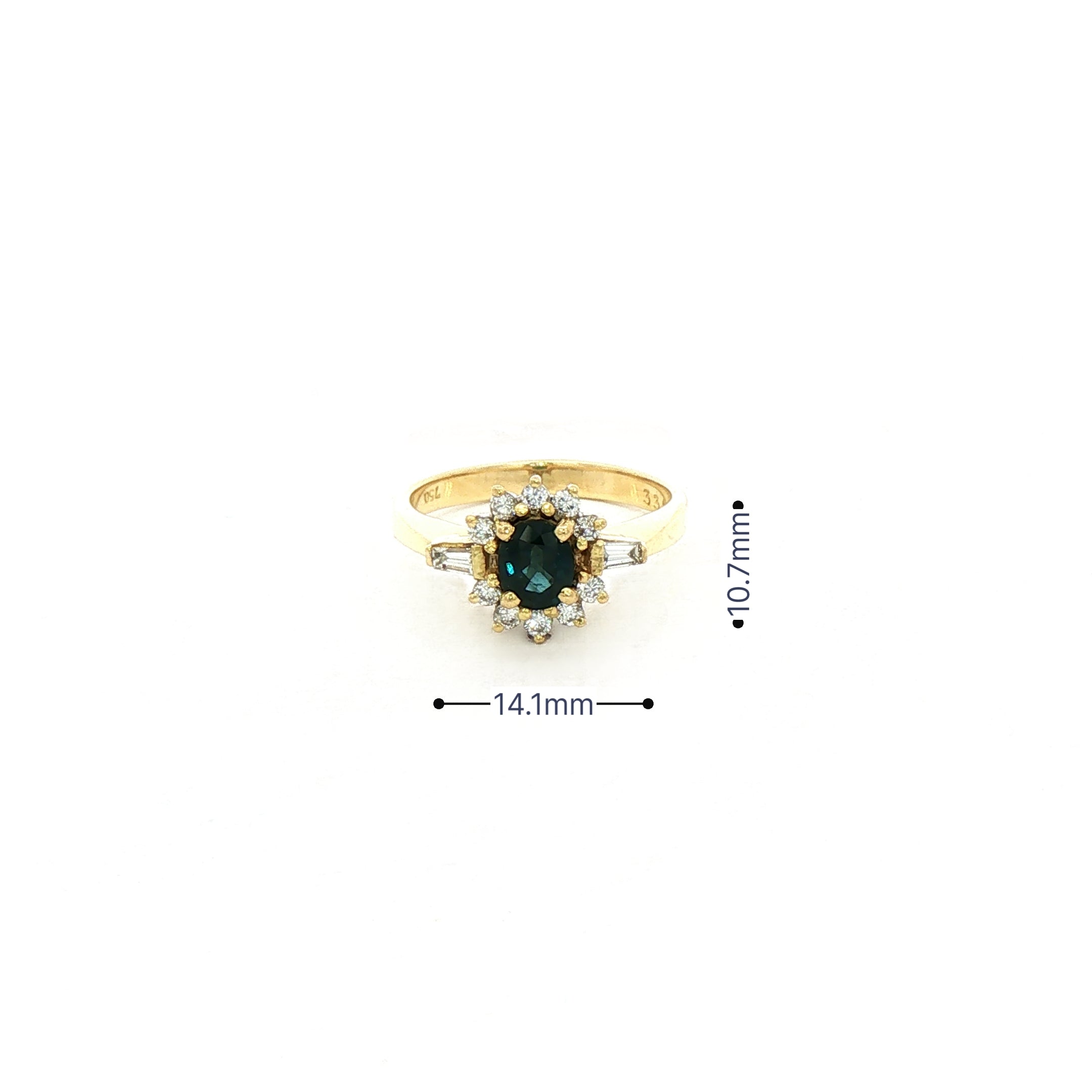 Sapphire & Natural Diamond Halo with Baguette Sides in 18ct Yellow Gold